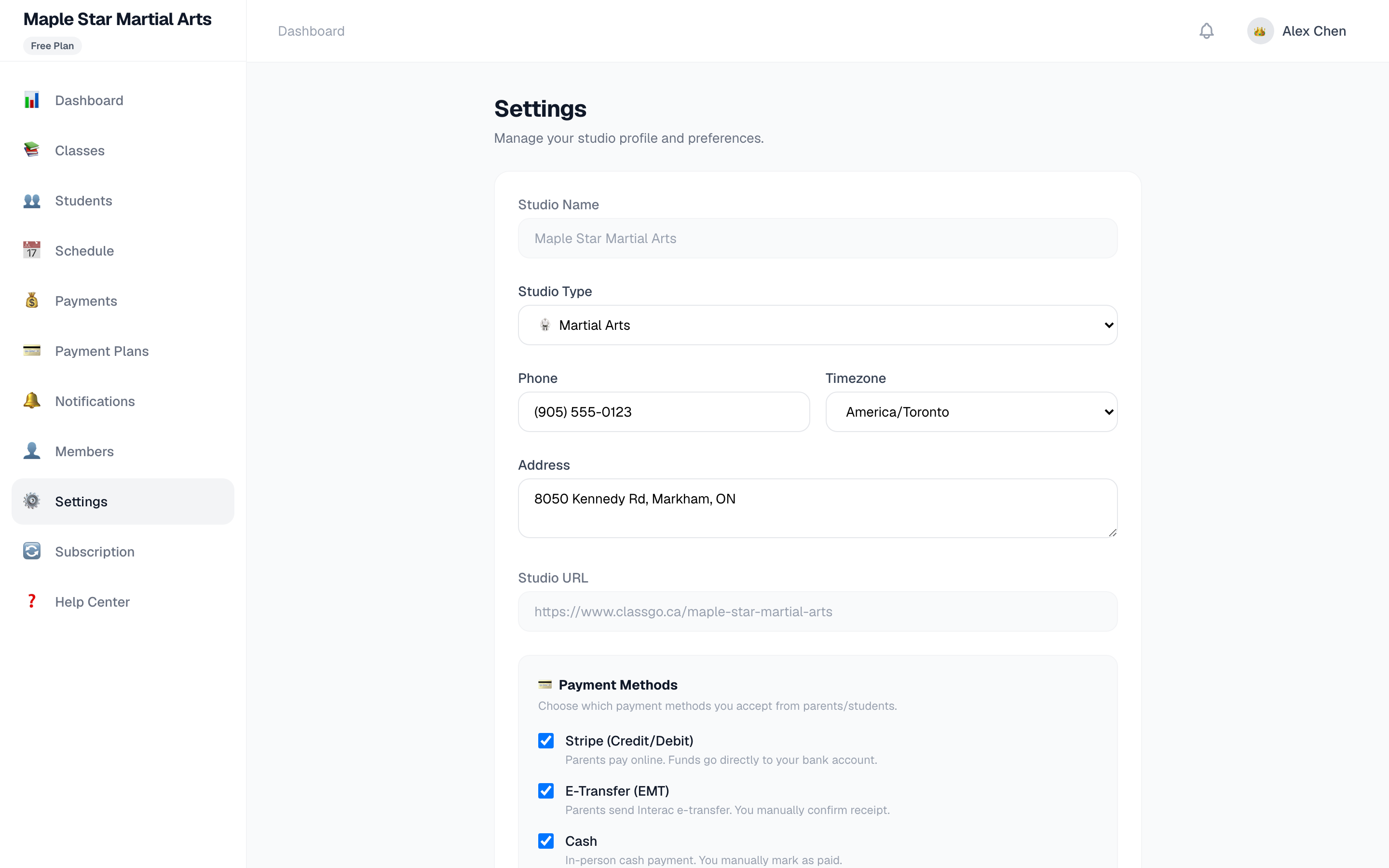Studio settings page